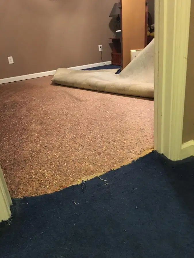 Carpet pad removal revealing water damage during Water Mitigation Services in Maryland City
